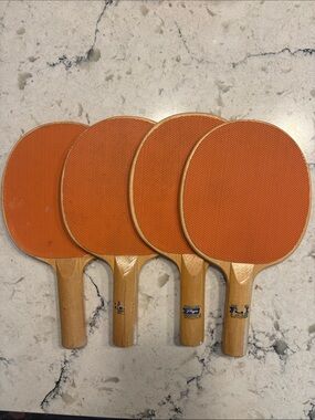 JC Higgins Vintage Wood Table Tennis Paddles with Orange Rubbers - Set of 4